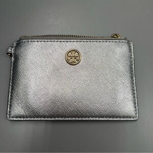 Tory Burch Silver Metallic Zip Card Case with Gold Emblem *MISSING ZIPPER PULL*